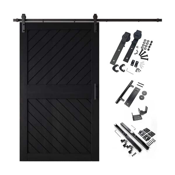 XT3 48 in. x 84 in. C-Panel Black Slanted Stripe Design Solid Pine Wood Sliding Barn Door with Hardware Kit