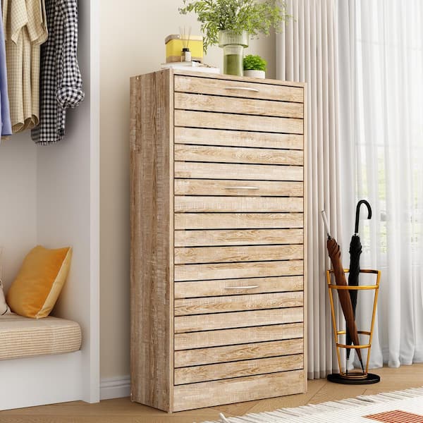 42.3 in. H x 22.4 in. W Brown Wood Grain 18-Pair Shoe Storage Cabinet with 3-Drawers for Entryway Hallway