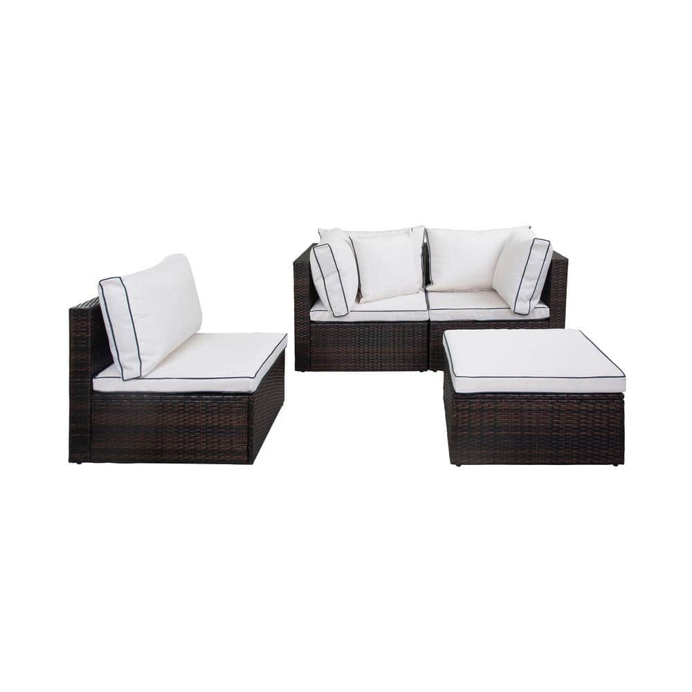 York 4-Piece Brown Wicker Outdoor Sectional Sofa with White Cushions