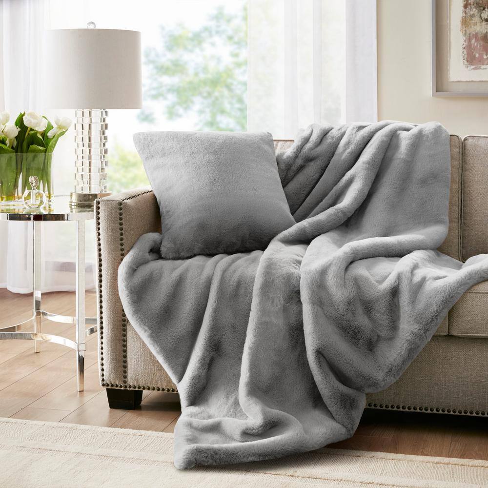 Gray Faux Fur Square Throw Pillow with Polyfill