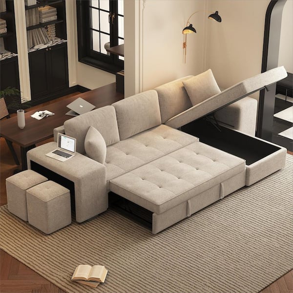 104.5 in. W Modern Cream Chenille Full Size Sofa Bed with Storage Chaise and 2 Stools for Living Room