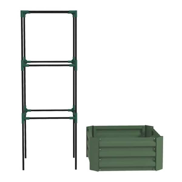 Oyezvary 24 in. Dia Light Green Galvanized Steel Outdoor Garden Bed Planter Box with Climbing Trellis, Flower Shelf andDrainage