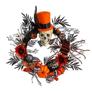 30 in. Orange Spider and Skull with Top Hat Halloween Wreath