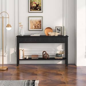 60 in. Black Rectangle Wood Console Table Retro Entryway Sofa Table with 4-Drawers And Open Shelf Hallway
