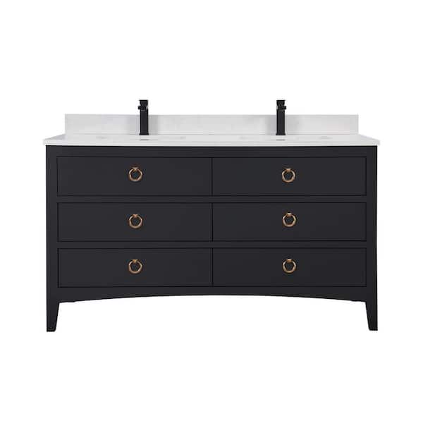 Legion Furniture French Contemporary 60in. 1 Freestanding Tricorn Black Bath Vanity with White Artificial Stone Top Assembled Bath Vanity