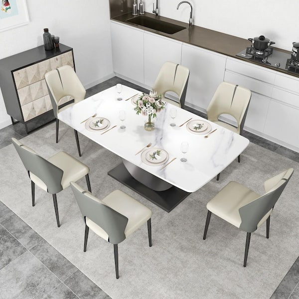 Set of 6 Modern Dining Chairs PU Leather Seat Curved Open Back with Black Iron Legs in Gray