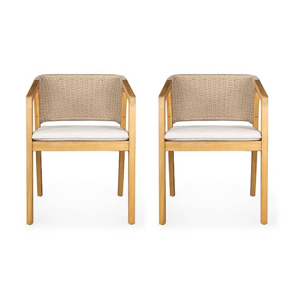 Light Teak Rope Back Solid Wood Outdoor Dining Chair with Beige Cushions (2-Pack)