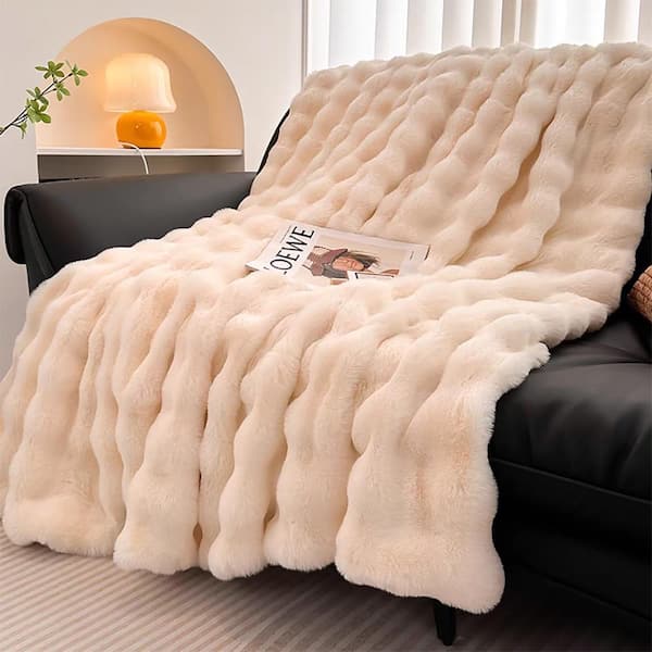 LATB Furry Plush Cream Faux Fur Throw Blanket 50 x 60 in. Cozy Blanket
