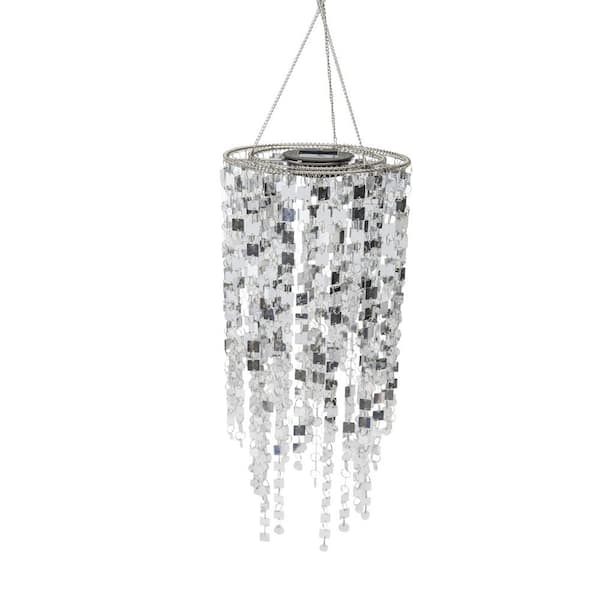 PLOW & HEARTH 31 in. Silver Mirrored Outdoor Metal Chandelier with Solar Lights