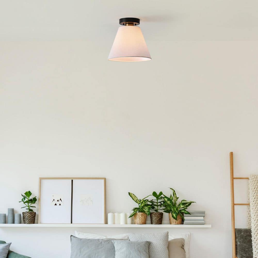 1-Light Matte Black Semi-Flush Mount Ceiling Light with White Linen Shade and Brass Accent on Stem price history on PriceWatchPro