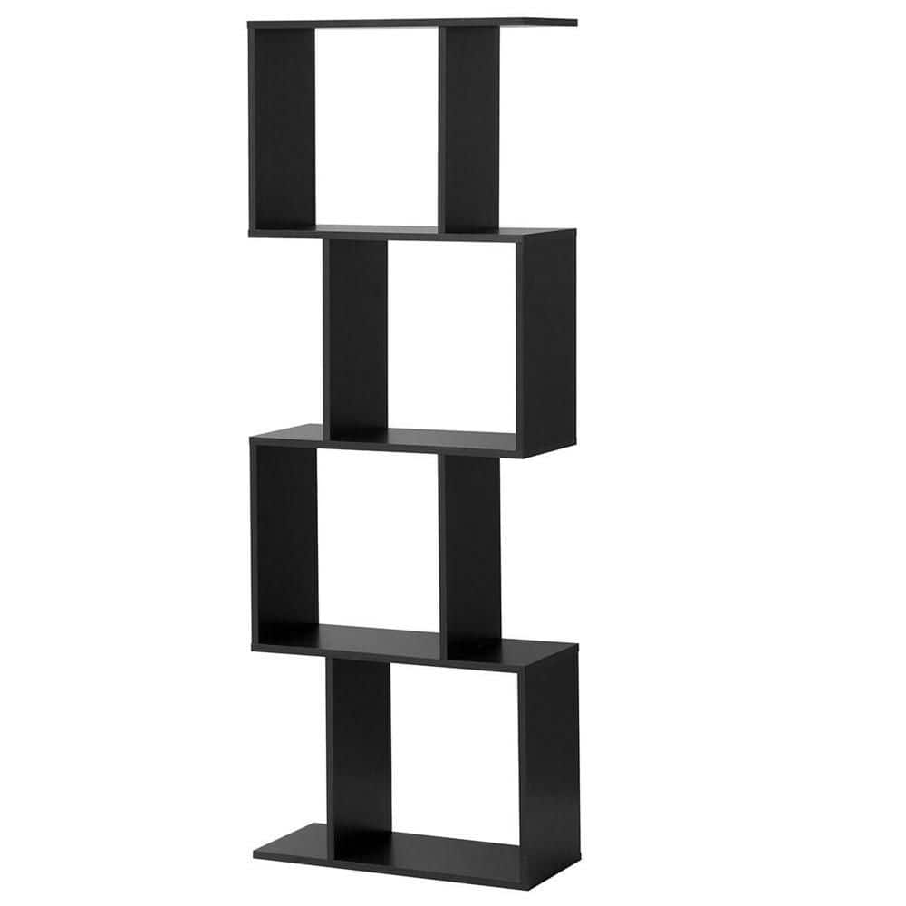 4-Tier S-Shaped Bookcase Free Standing Storage Rack Wooden Display Decor Black