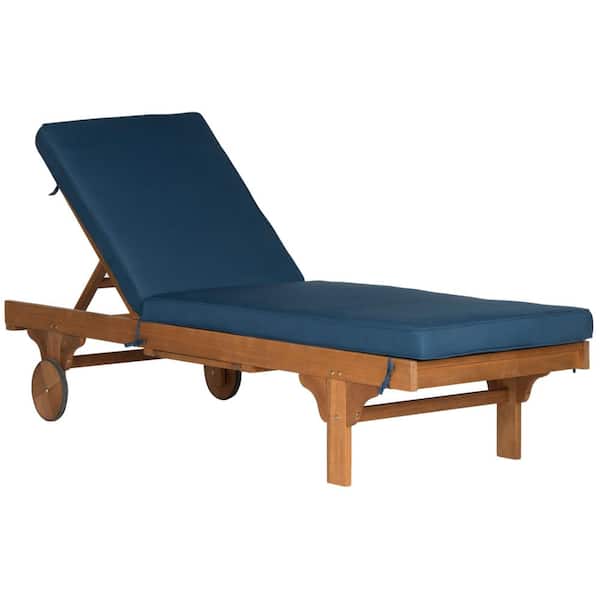 SAFAVIEH Newport Natural Brown 1-Piece Wood Outdoor Chaise Lounge Chair with Navy Cushion
