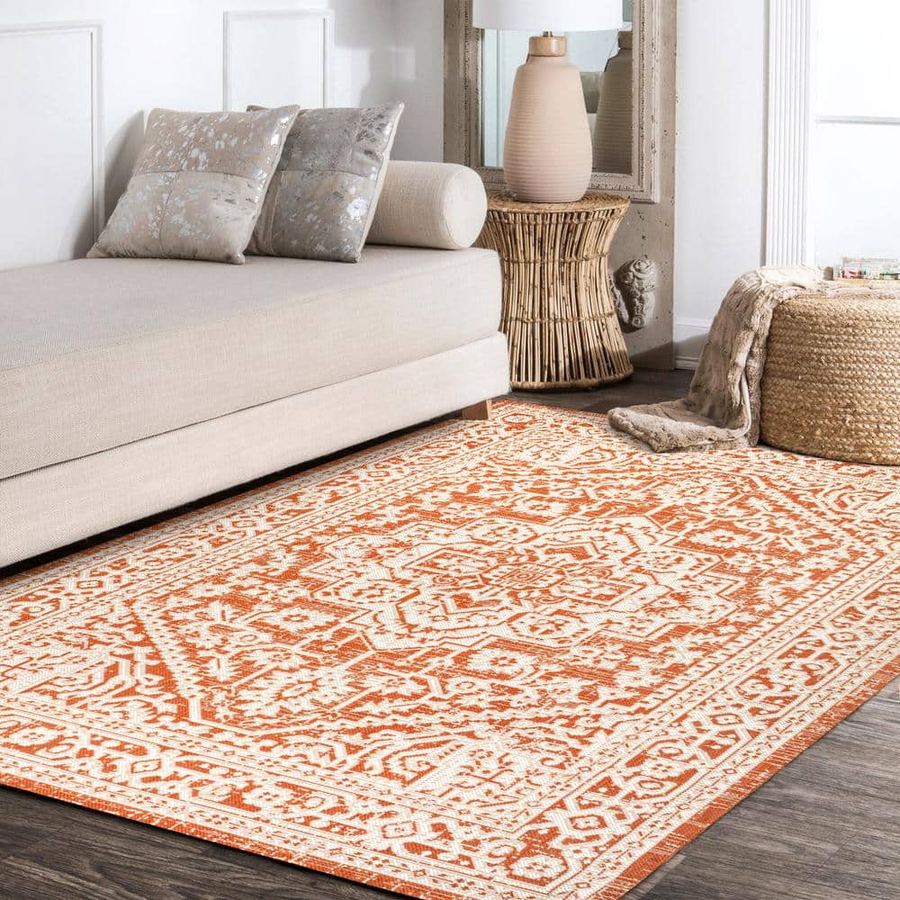 Sinjuri Orange/Cream Medallion Handwoven 9' x 12' Indoor/Outdoor Rug