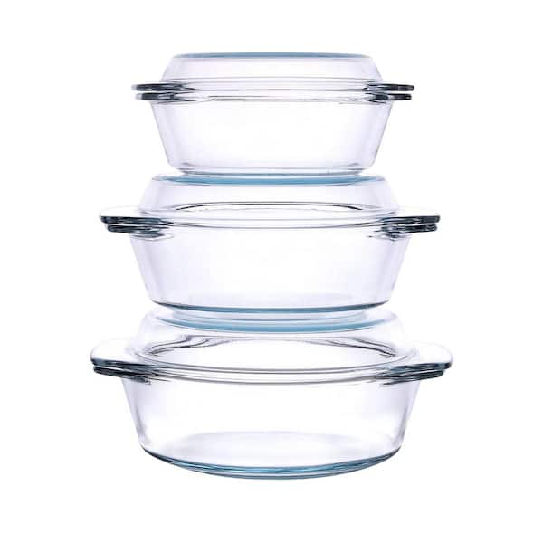 6-Piece Round Tempered Glass Casserole Dish Set with Lids Clear Stackable Oven Freezer Dishwasher Safe Set