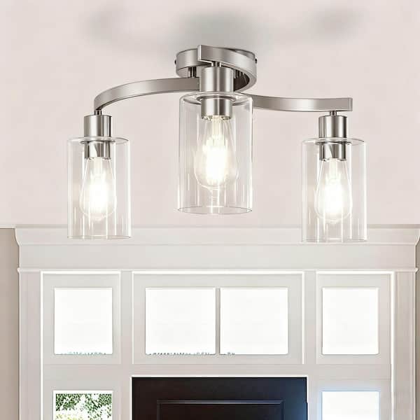 12 in. 3-Light Semi Flush Mount Ceiling Light, Brushed Nickel Fixture with Clear Glass for Bedroom & Hallway Decor
