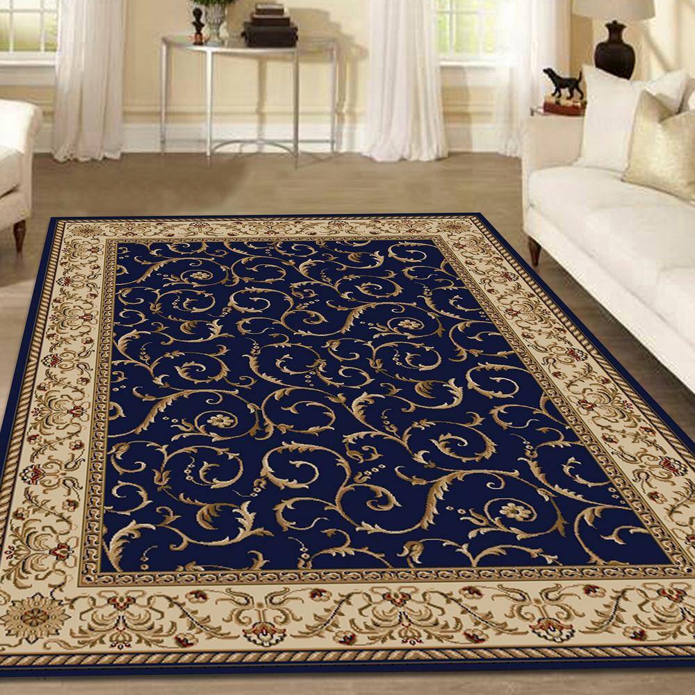 Navy and Beige Synthetic Reversible 5' x 7' Area Rug