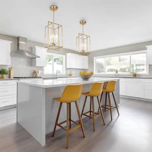 Hoyueren Modern 4-Light Plating Brass and Flat White Candlestick Chandelier with Geometric Cage Shade for Kitchen Island