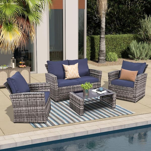 Cesicia Gray Wicker Outdoor Sectional Set with Blue Cushions