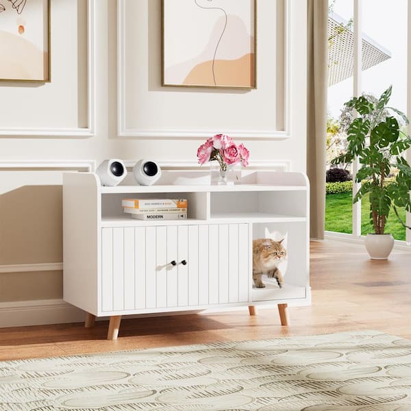 FUFU&GAGA Wooden Hidden Cat Litter Box Enclosure Furniture, Cat Washroom End Table with 2 Storage Compartments and Litter Catch