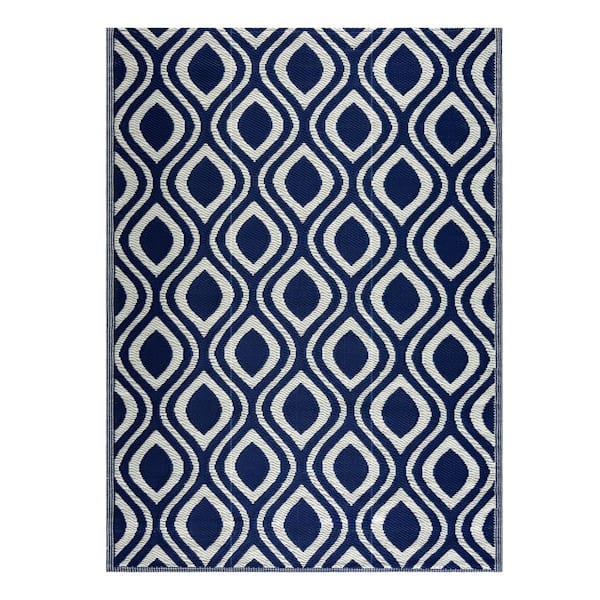 Venice Navy and Creme 6 ft. x 9 ft. Folded Reversible Recycled Plastic Indoor/Outdoor Area Rug-Floor Mat