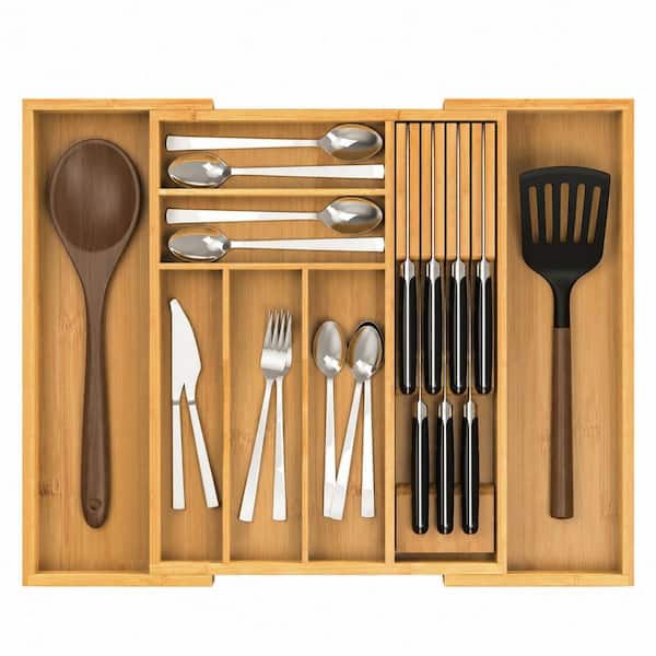 Expandable Bamboo Kitchen Drawer Organizer with Removable Knife Block and Dividers
