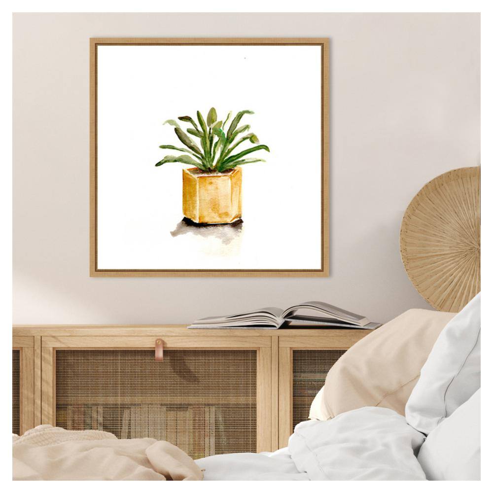 Potted Botanicals II Green Plant in Yellow Pot Canvas Art with Maple Frame