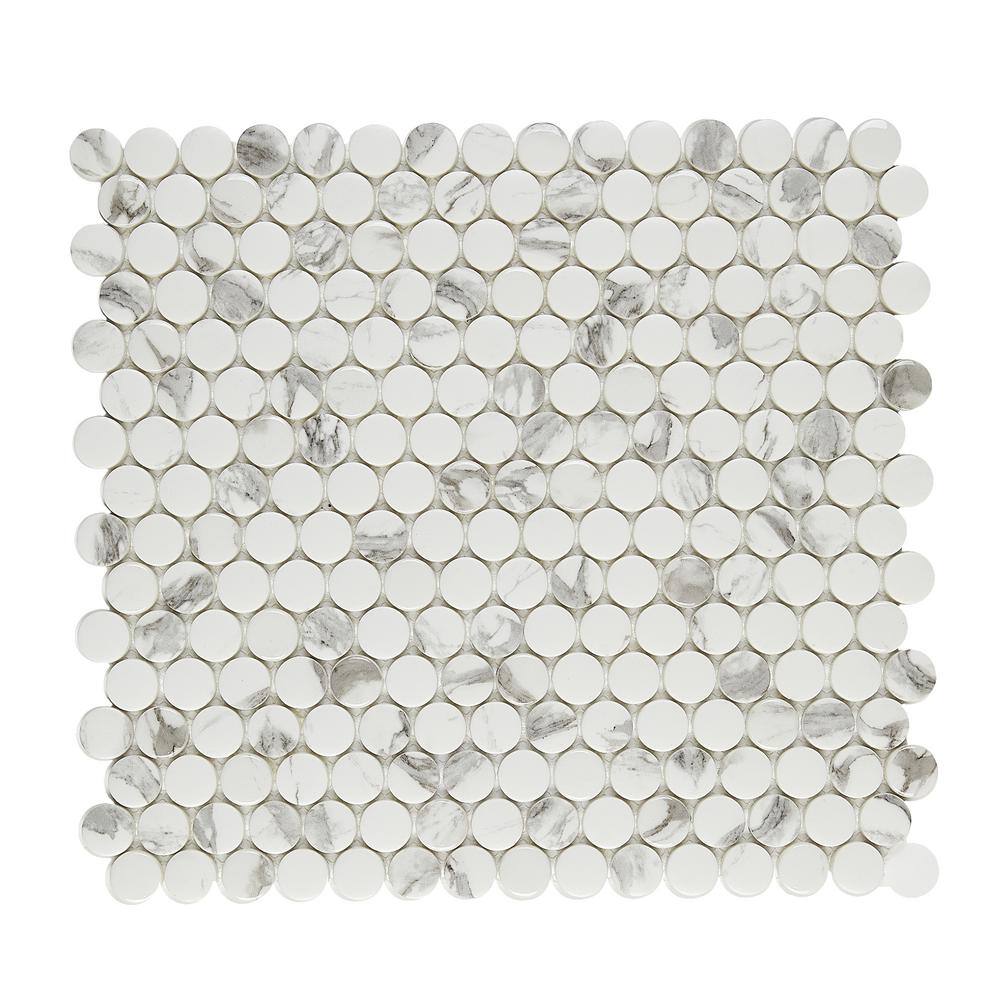 Marble Essence Carrara 12.32 in. x 11.42 in. Penny Round Glass Mesh-Mounted