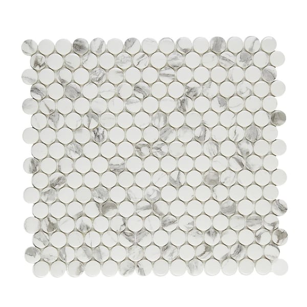 Unbranded Marble Essence Carrara 12.32 in. x 11.42 in. Penny Round Glass Mesh-Mounted Mosaic Tile (0.98 sq. ft./Each)