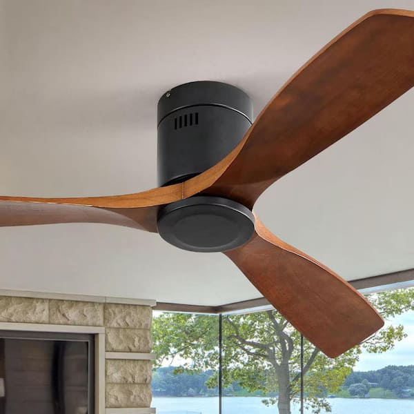 52 in. Smart Indoor/Outdoor Flush Mount Ceiling Fan 3-Carved Wood Fan Blades White Ceiling Fan with 6-Speed Remote