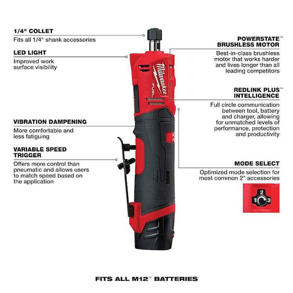 Milwaukee - M12 FUEL 12V Lithium-Ion Brushless Cordless 1/4 in. Straight Die Grinder Kit with Two 2.0 Ah Batteries