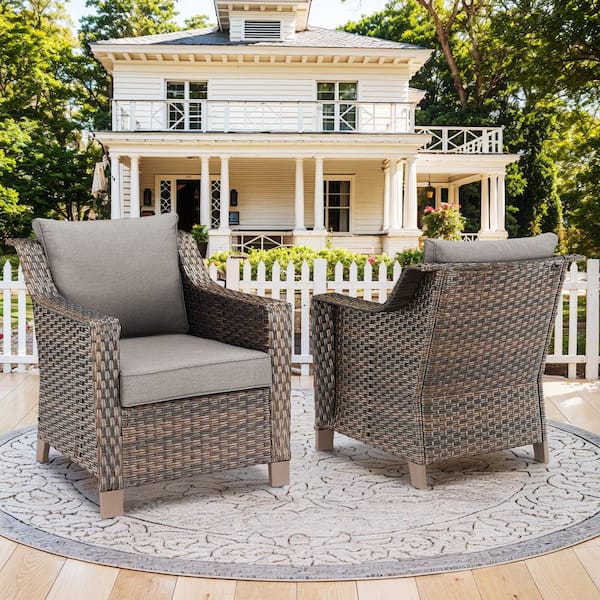 SlideArm Metal and Brown Wicker Outdoor Lounge Chair with Olefin Gray Cushions (2-Pack)