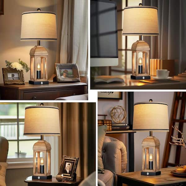 26 in. Wood Grain Resin Table Lamp for Living Room, Farmhouse Lamps Set of 2 with USB and Nightlight, 3-Way dimmable
