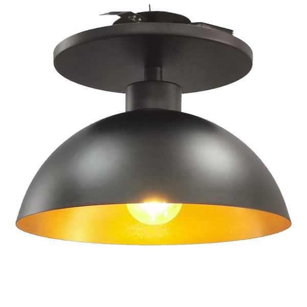 Worth Home Products WHP 6 in. Matte Black Recessed Light Semi-Flush Can Conversion Kit with Black and Gold Dome Metal Shade