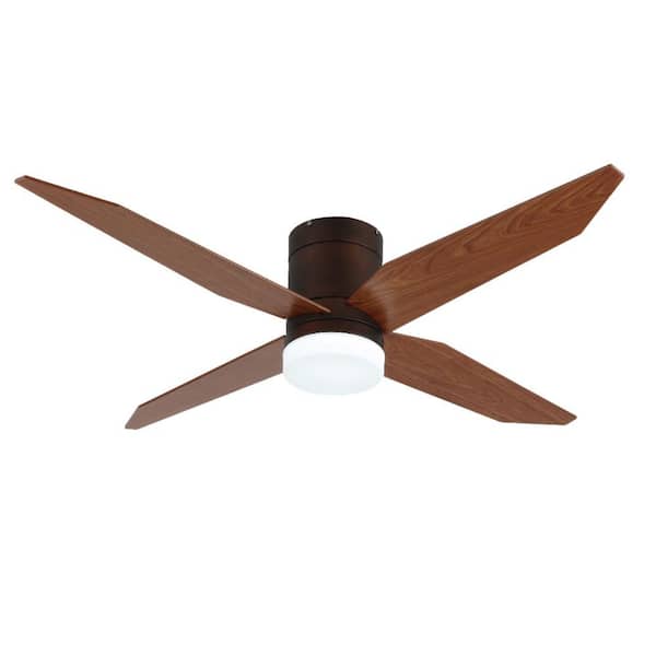 52 in. Flush Mount Plywood Brown Ceiling Fan with LED Light, 4 Blades, Quiet DC Motor and Remote, Bronze Shade