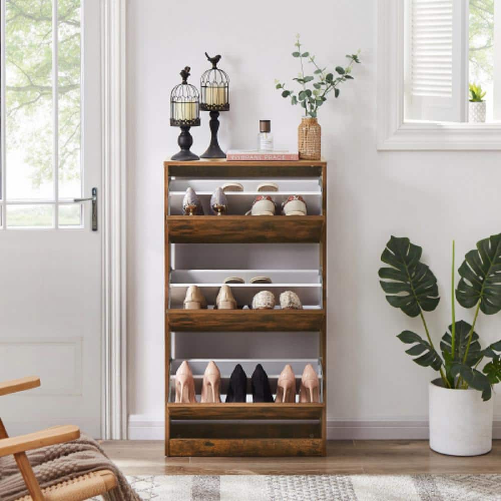 43 in. H x 23.6 in. W Three-tier Brown Wood Shoe Storage Cabinet