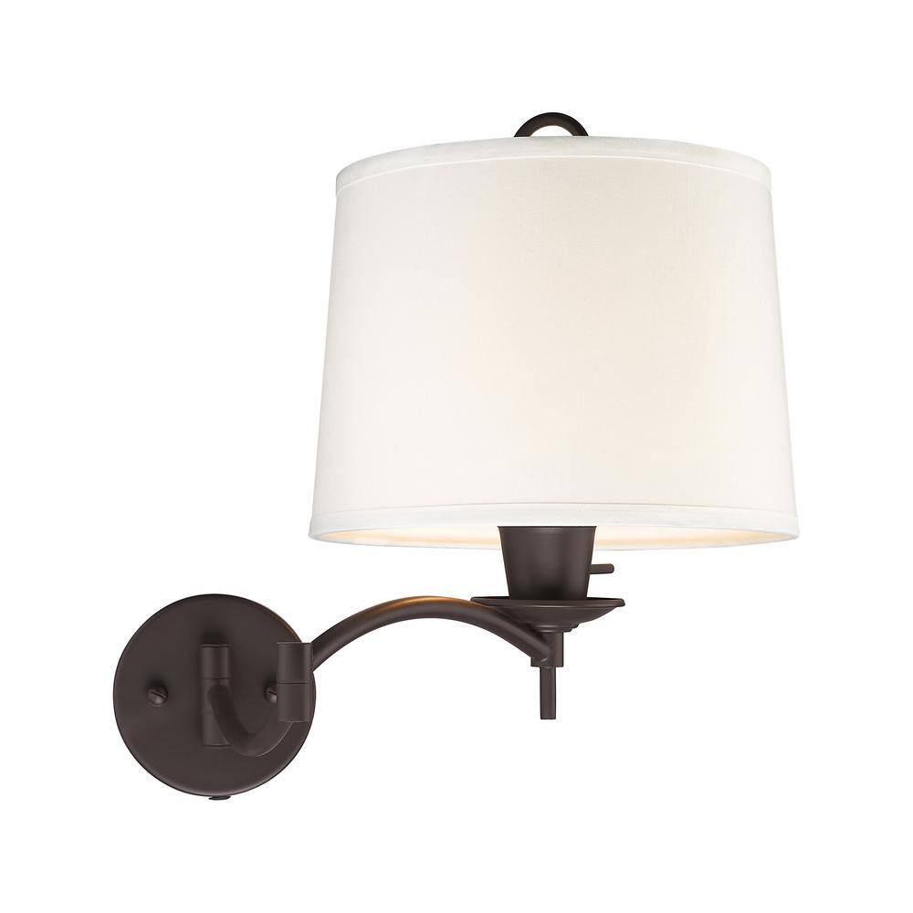 Transitional Bronze Swing Arm Wall Lamp with Off-White Linen Shade