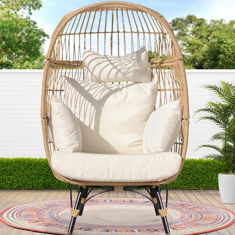 NICESOUL Patio Beige Wicker Stationary Oversized Lounge Egg Chair with ...