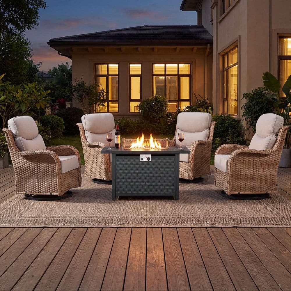 Holion 5-Piece Yellow Wicker Patio Fire Pit Conversation Set Outdoor Swivel Glider Chairs with 6 in. Beige Cushions price history on PriceWatchPro