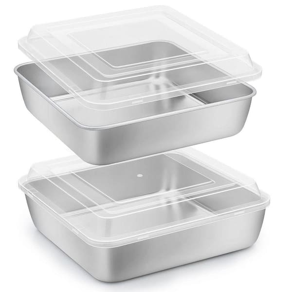 2 Piece Square Stainless Steel Cake Pan Set with Airtight Lid for Baking Lasagna Brownies Casseroles