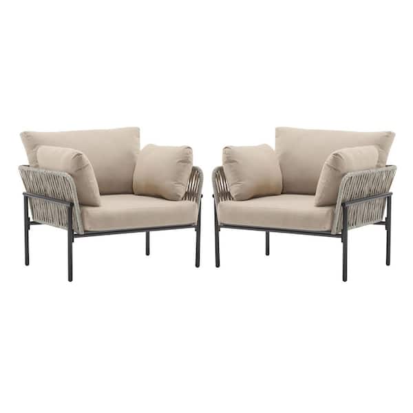 2-Piece 36 in. Grey Rope Iron Lounge Chair with Beige Plush Cushions