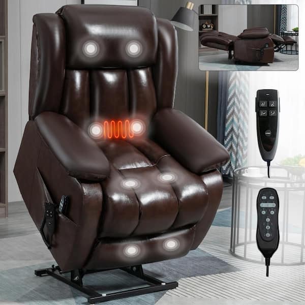 Brown Genuine Leather Dual-Motor Power Lift Recliner, Infinite-Position 8-Point Massage and Heat, 350 lbs.