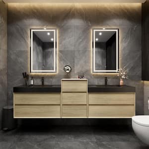 MIA 91 in. W x 20 in. D x 30 in. H Double Sink Middle Cabinet Bath Vanity in Teak Oak with Black Stainless Steel Top