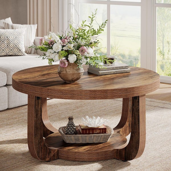 Allan 31.5 in. Brown Round 2-Tier Wood Coffee Table Small Circle Center Table with Storage for Living Room