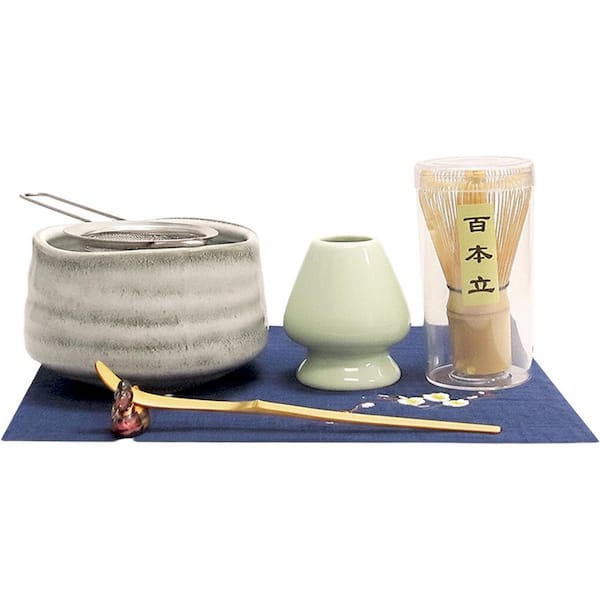 Japanese Matcha Tea Ceremony Set with Whisk Traditional Scoop Bowl Ceramic Whisk Holder Tea Cloth 7-Pieces