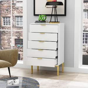 5-Drawer White Wood Chest of Drawer Dresser Storage Cabinet Organizer W/Metal Leg 41.1 in. H x 23.6 in. W x 15.7 in. D