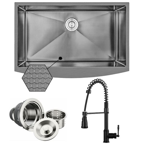 HEX 33 in. Farmhouse Apron Front Single Bowl Gunmetal Black Stainless Steel Kitchen Sink with Faucet