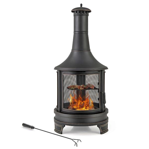 67.5 in. H Outdoor Metal Black Fire Pit Chiminea 2-In-1 Wood Burning Fireplace with Grill