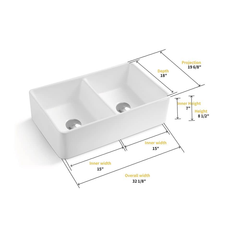 Trieste 32'' White Fireclay Double Bowl Farmhouse Sink
