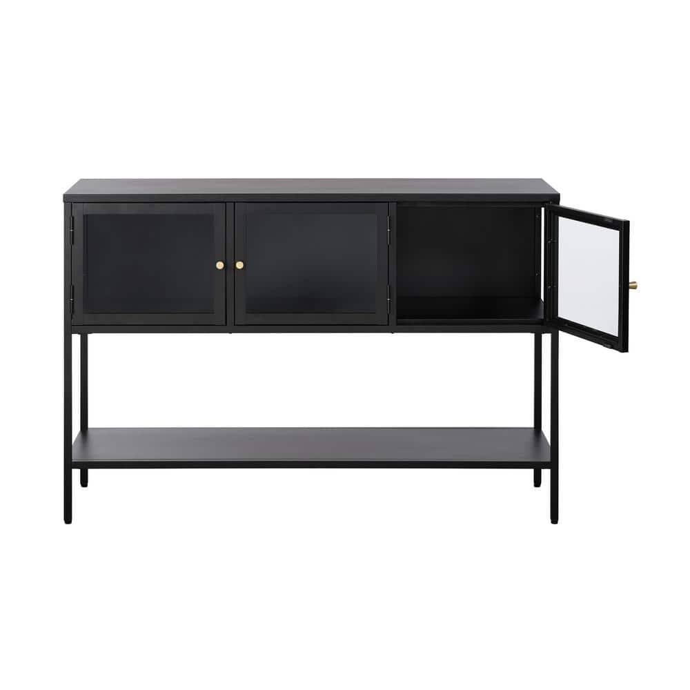 52-Inch Black Metal and Glass Sideboard with Brass Knobs