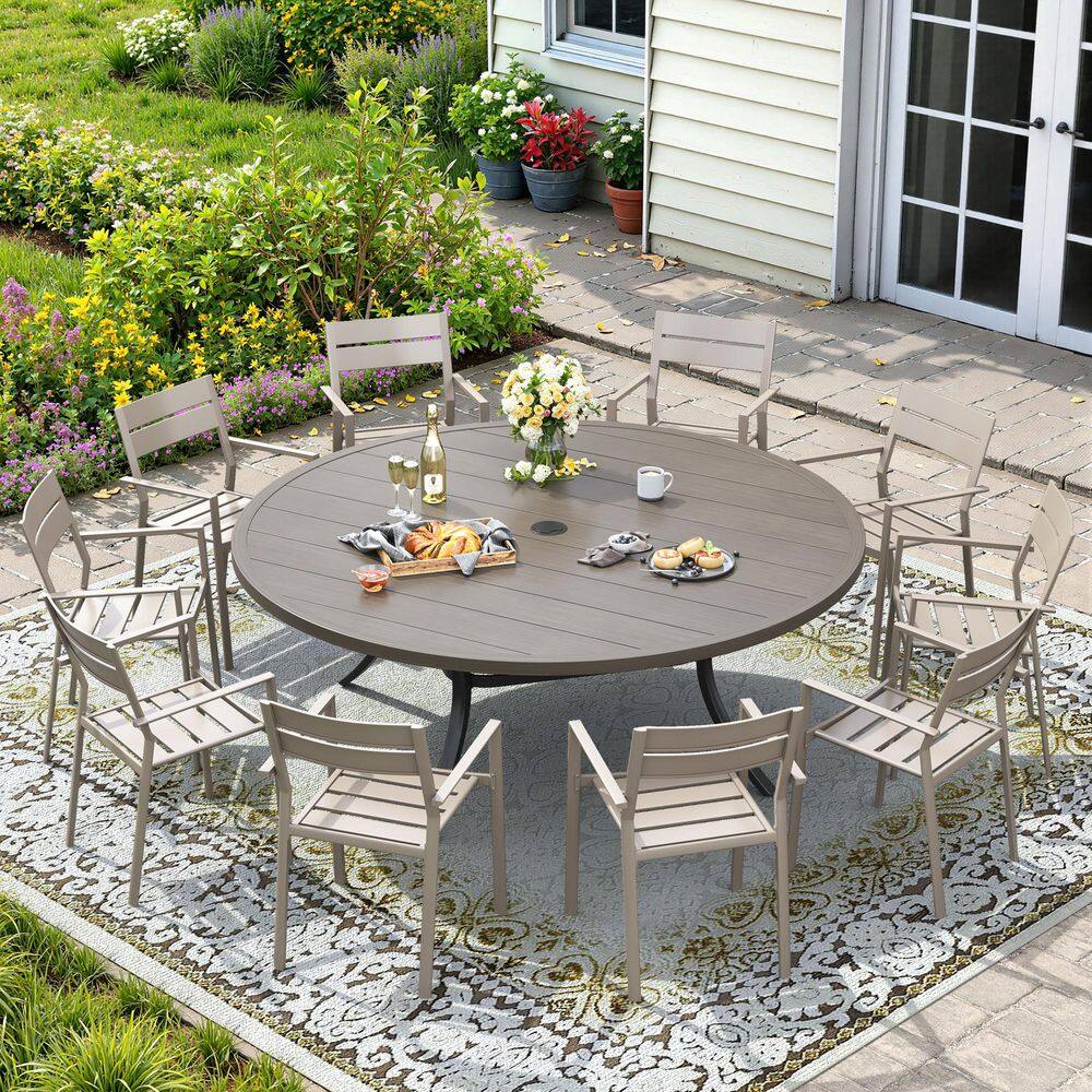 11-Piece Metal Outdoor Patio Dining Set with 60 in. Gray Wood-Like Round Slat Table and 10 Stackable Chairs in Sandshell price history on PriceWatchPro